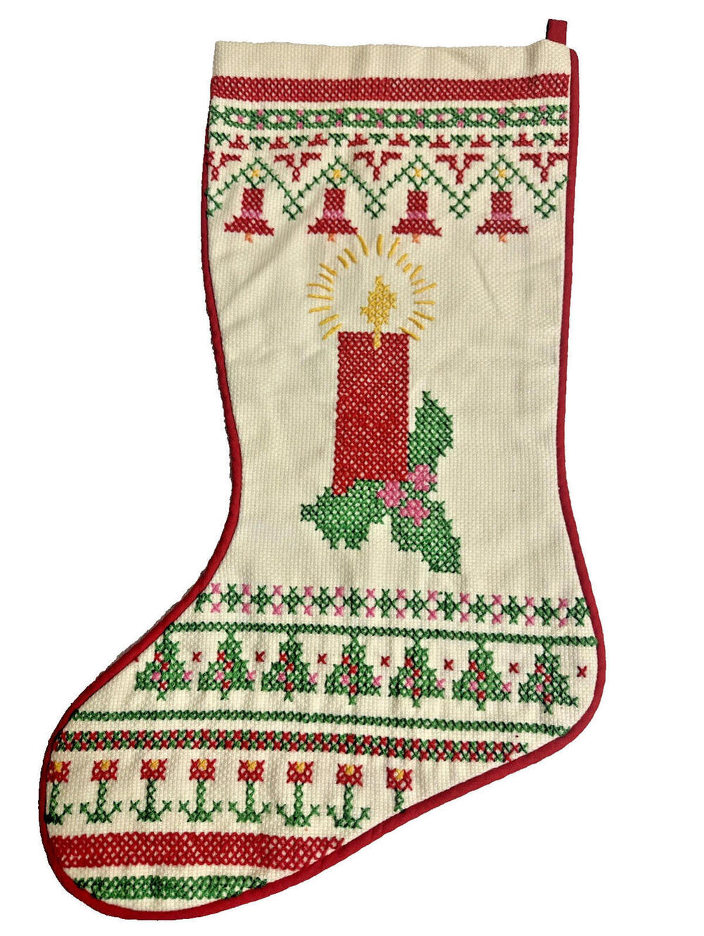 VTG Christmas Stockings Cross Stitch House Of Hatten Candle Christmas Trees 18”
